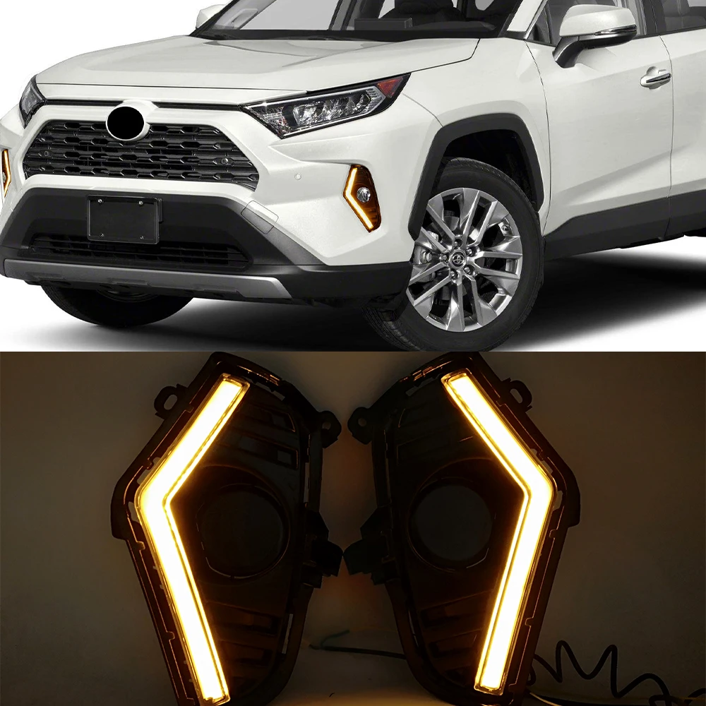 Luz LED de circulación diurna para Toyota RAV4 2019 2020 2021 2022, luz de señal de giro amarilla DRL blanca con orificio para lámpara antiniebla, 2 piezas