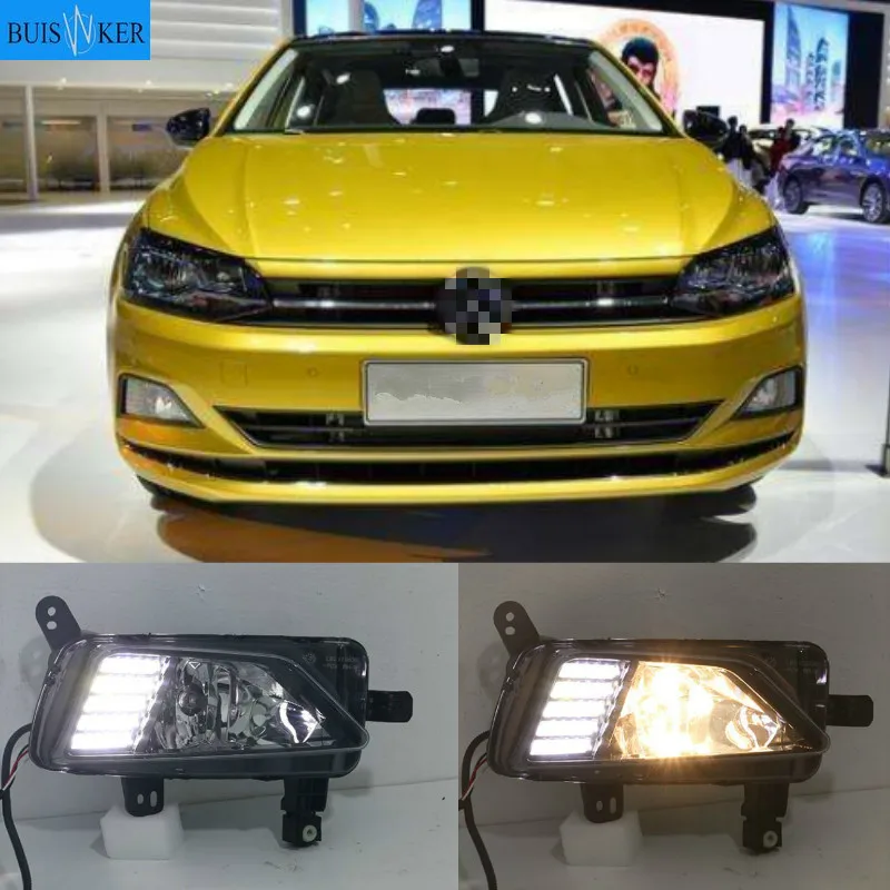Luz LED diurna DRL para Volkswagen Polo  2018 – 2019, lámpara antiniebla secuencial con función de señal de giro amarilla, 12V, Neblineros LED 1 par